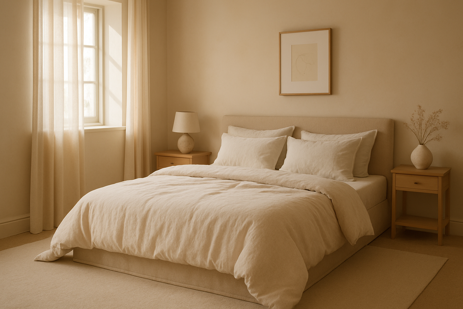 Beige bedroom with focus on the bed